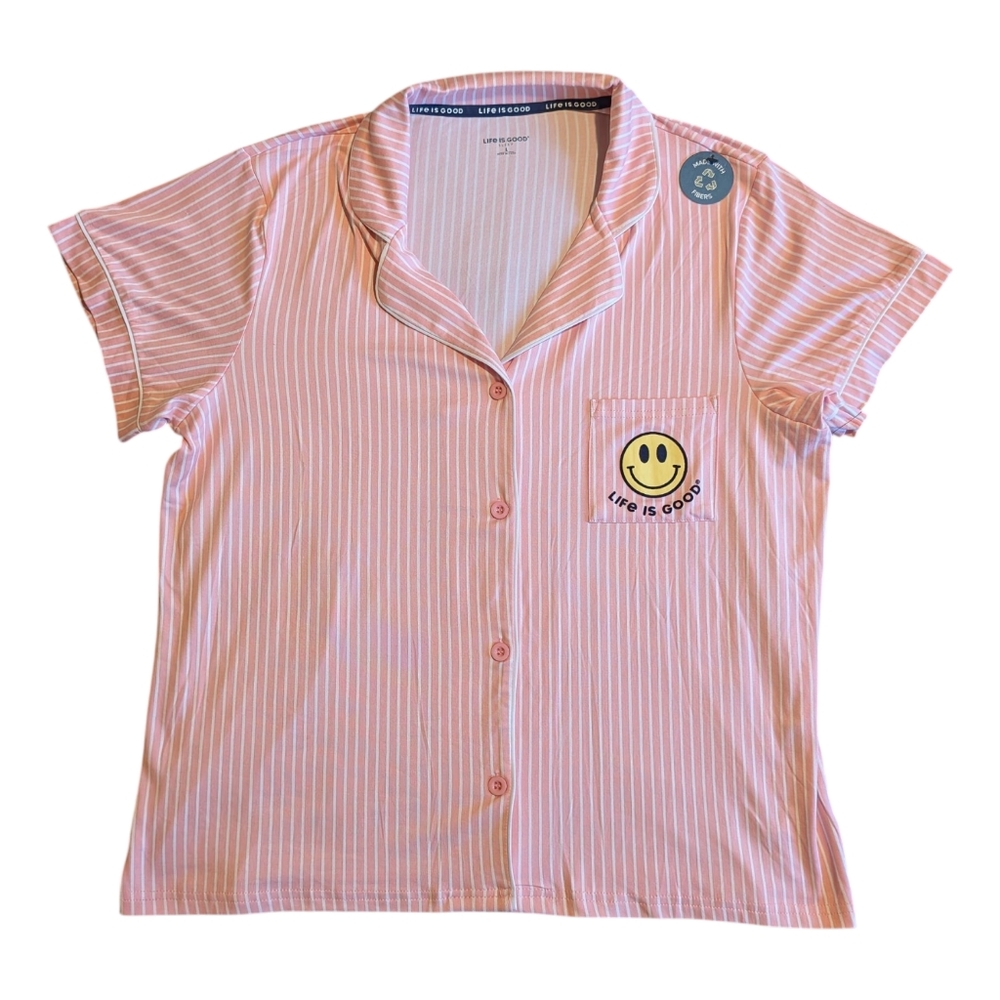 NWT Life Is Good Sleep Shirt – Relaxed Button-Up Striped Pajama Top | Size L